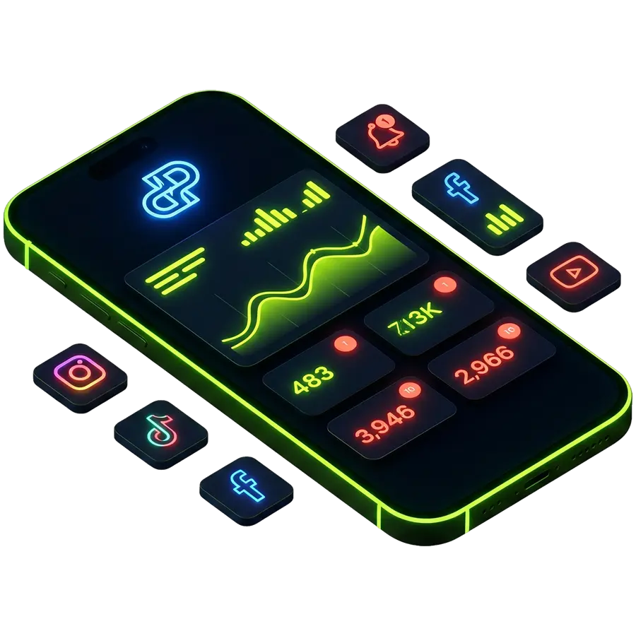 Dashboard de redes sociales en smartphone mostrando métricas de crecimiento