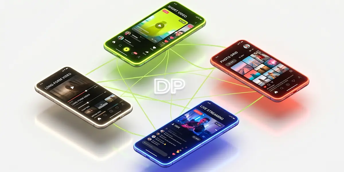 Cuatro smartphones flotantes conectados mostrando las principales redes sociales